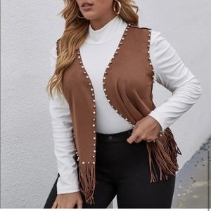 NWOT SHEIN Fringe Faux Suede Studded Pearl Vest